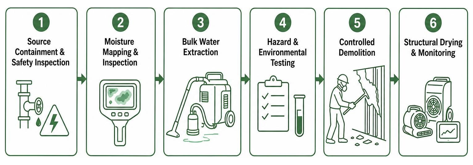Flowchart of the six-step commercial water damage mitigation and extraction process Flowchart of the six-step commercial water damage mitigation and extraction process
