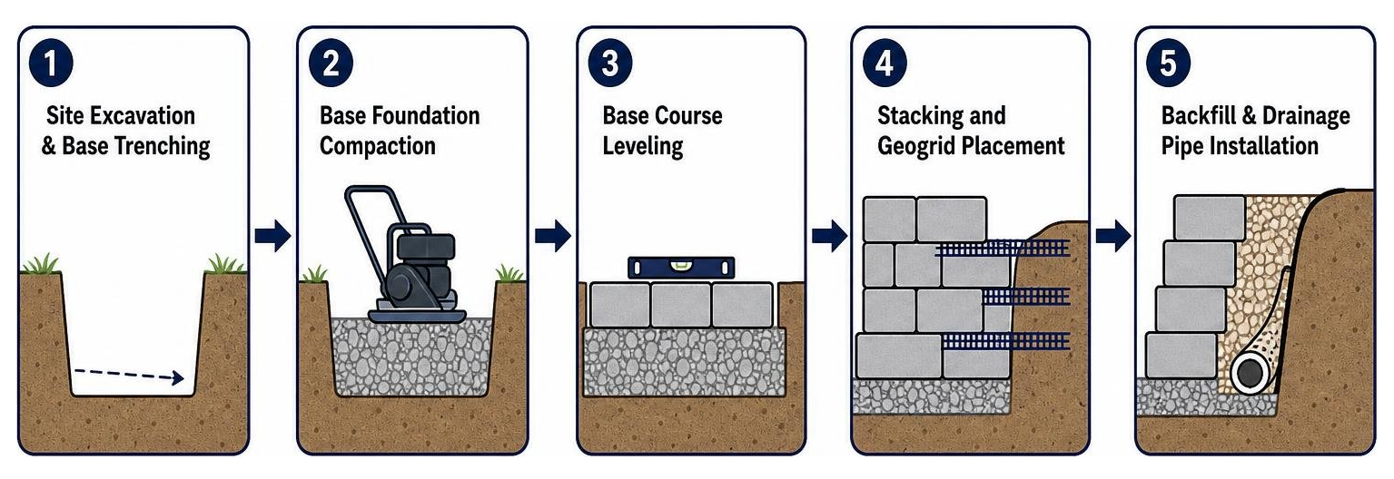Step-by-step timeline diagram of retaining wall construction