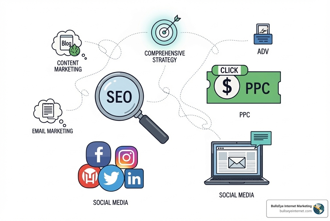 SEO strategy diagram featuring keywords like "Content Marketing," "Email Marketing," and "Social Media," with a magnifying glass emphasizing SEO, illustrating comprehensive marketing tactics for local businesses in Boca Raton.