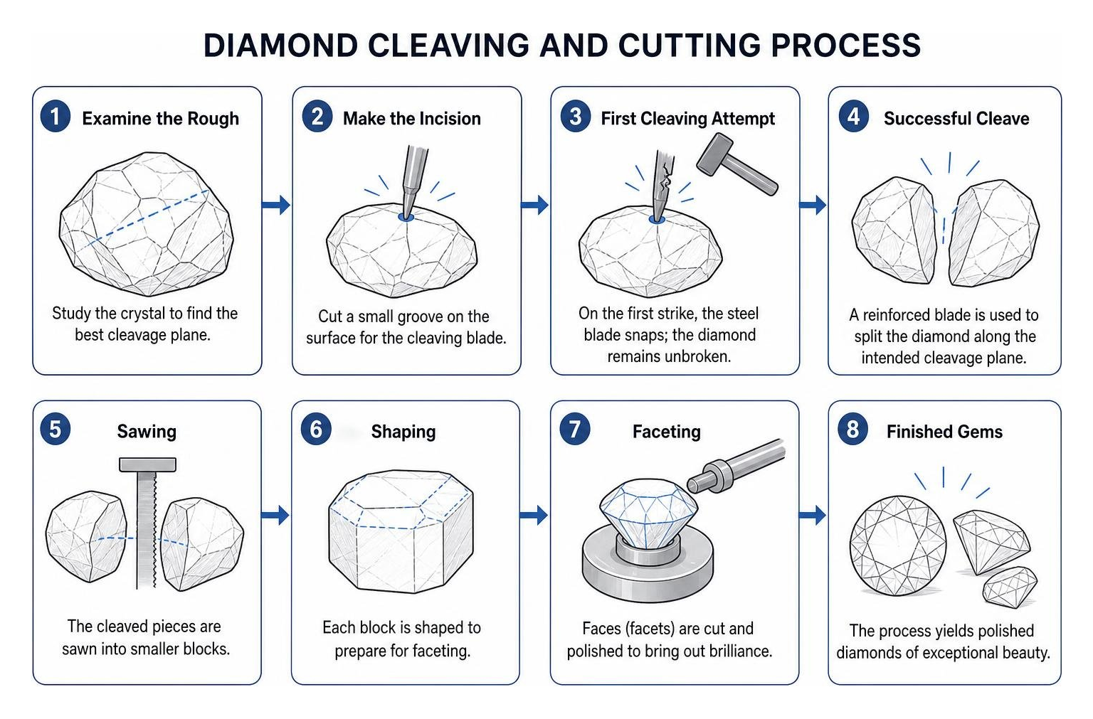 Diagram of the diamond cleaving and cutting process Diagram of the diamond cleaving and cutting process