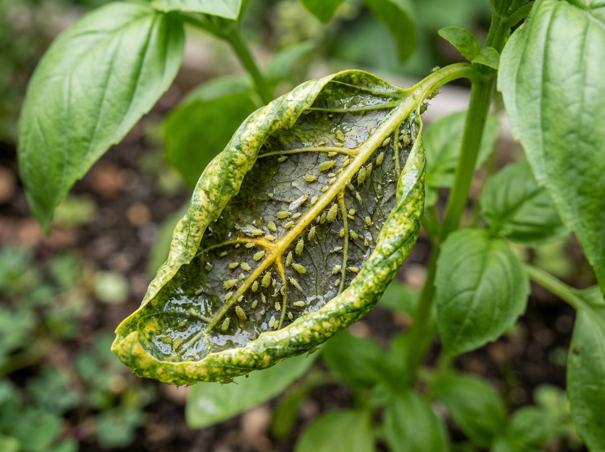 Aphid damage on basil leaves showing curled edges and sticky residue - organic basil pest solutions Aphid damage on basil leaves showing curled edges and sticky residue - organic basil pest solutions