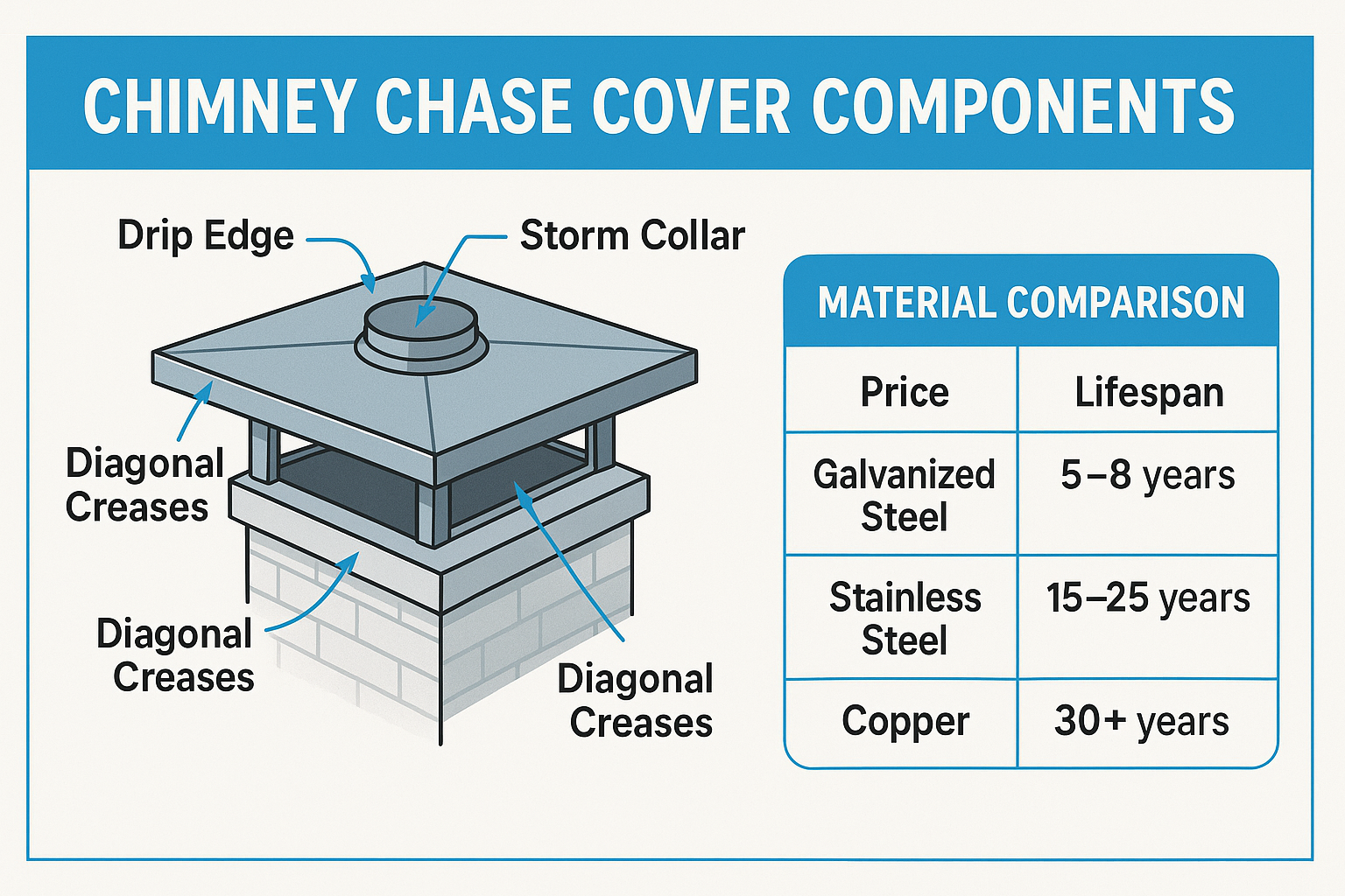 Cover Your Bases with the Best Chimney Chase Cover Replacement Near You 1 Detailed infographic showing chimney chase cover components including drip edge, storm collar, diagonal creases, and material comparison chart with prices and lifespans for galvanized steel, stainless steel, and copper options - chimney chase cover replacement near me infographic