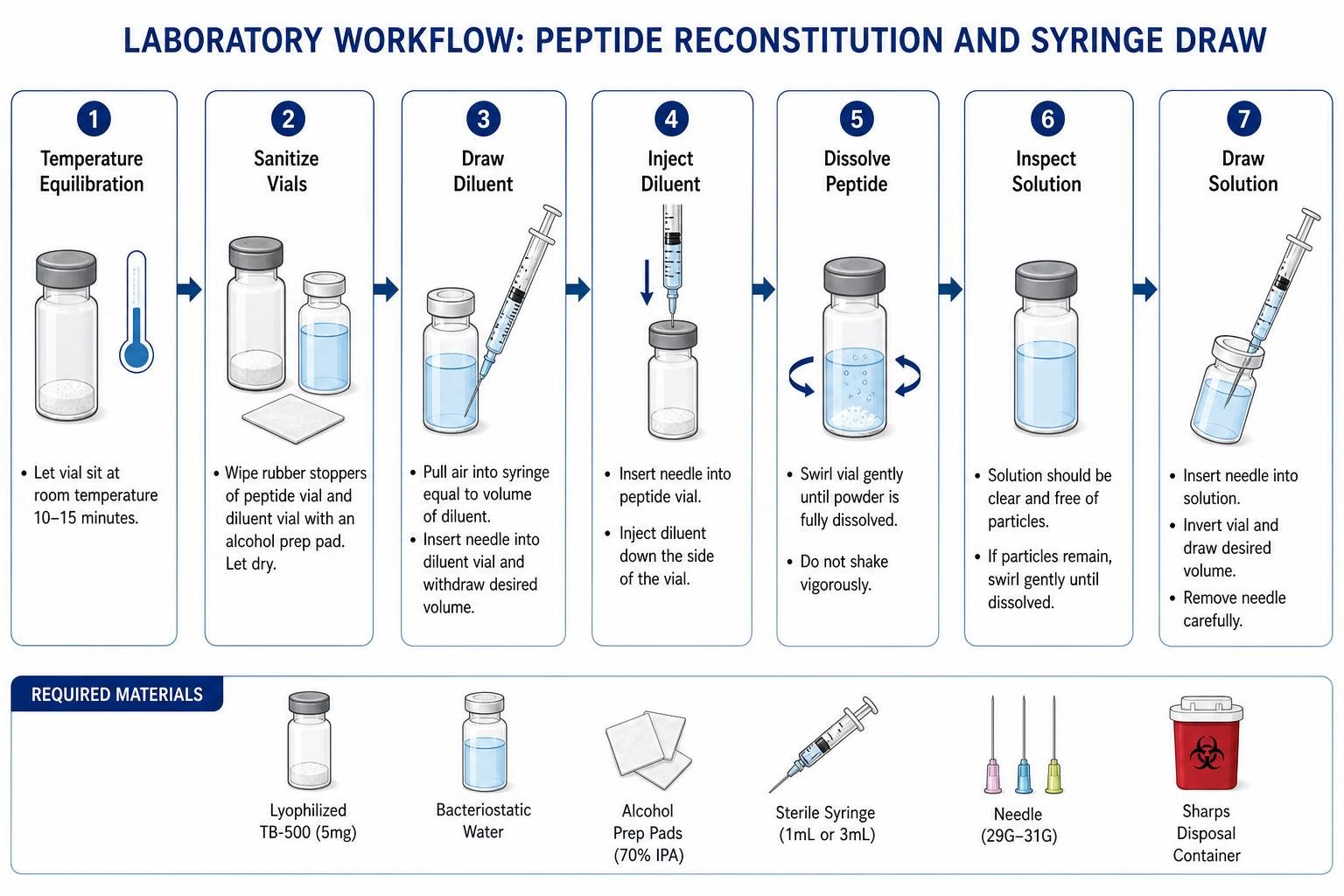 Laboratory workflow diagram for peptide reconstitution and syringe draw Laboratory workflow diagram for peptide reconstitution and syringe draw