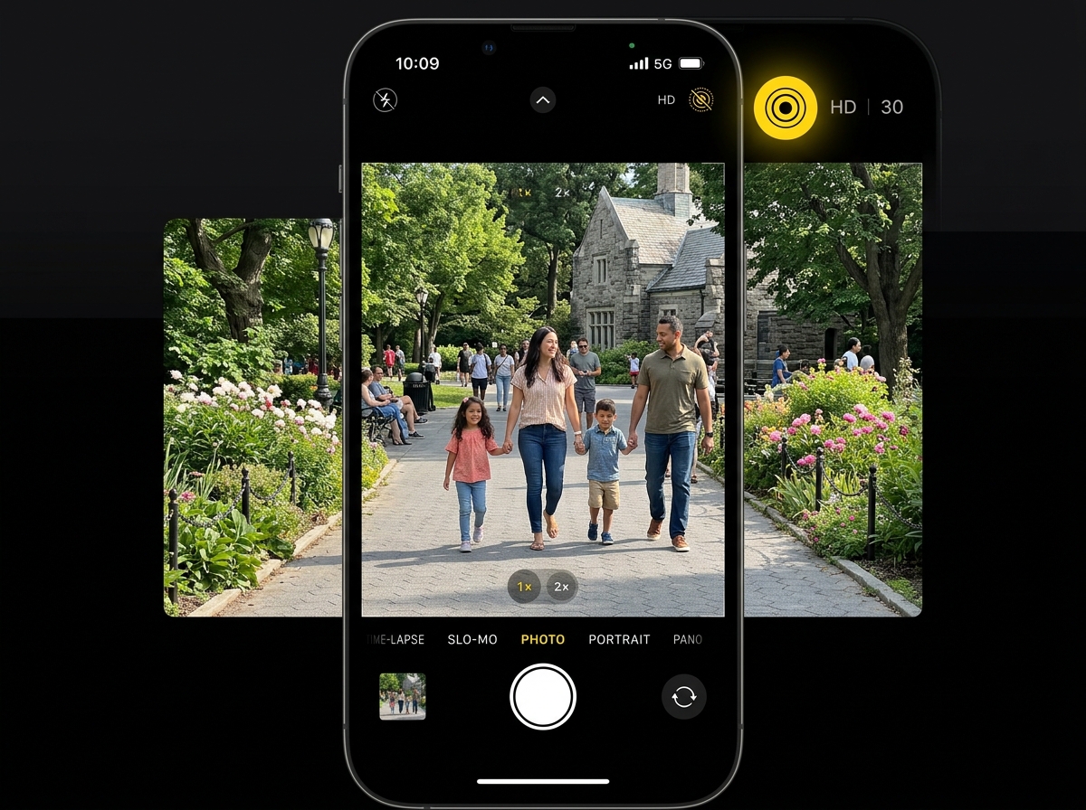 iPhone Camera app with Live Photo enabled showing the yellow concentric circles icon - how to make live photo long exposure