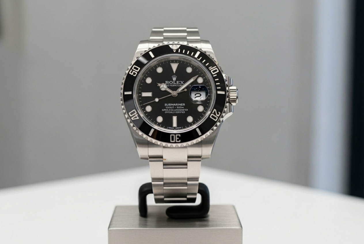 A Rolex Submariner on a stand.