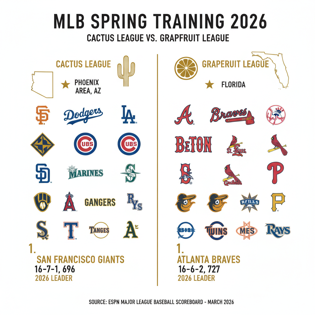 Infographic comparing Cactus League vs Grapefruit League teams, locations, and 2026 Spring Training leaders - espn major Infographic comparing Cactus League vs Grapefruit League teams, locations, and 2026 Spring Training leaders - espn major
