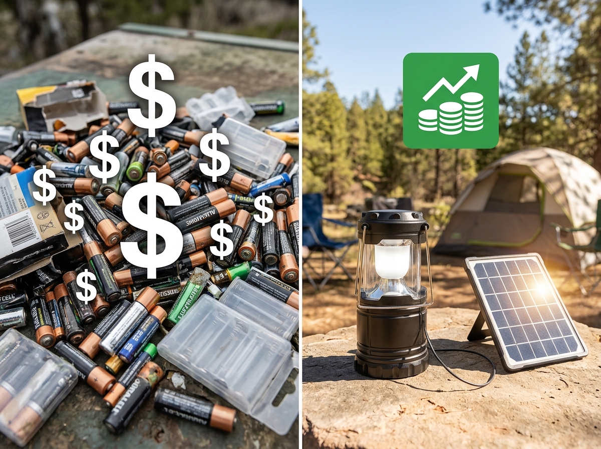 Comparison of disposable batteries versus a single solar panel charging a lantern - solar lantern camping savings