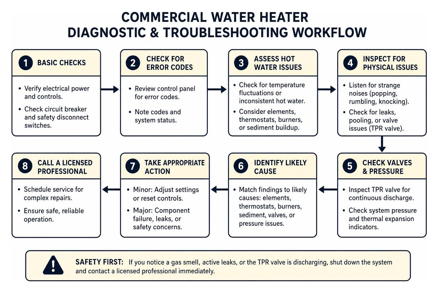 Commercial water heater diagnostic and troubleshooting workflow Commercial water heater diagnostic and troubleshooting workflow