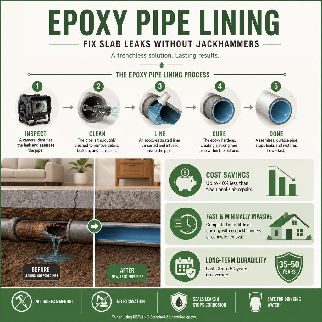Infographic explaining epoxy pipe lining process for slab leaks with steps, cost savings, and lifespan data infographic
