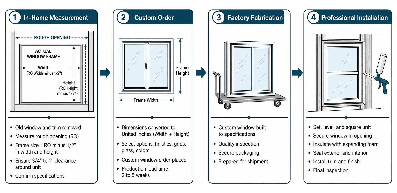 Timeline flowchart from initial in-home custom measurement to factory fabrication and final installation Timeline flowchart from initial in-home custom measurement to factory fabrication and final installation