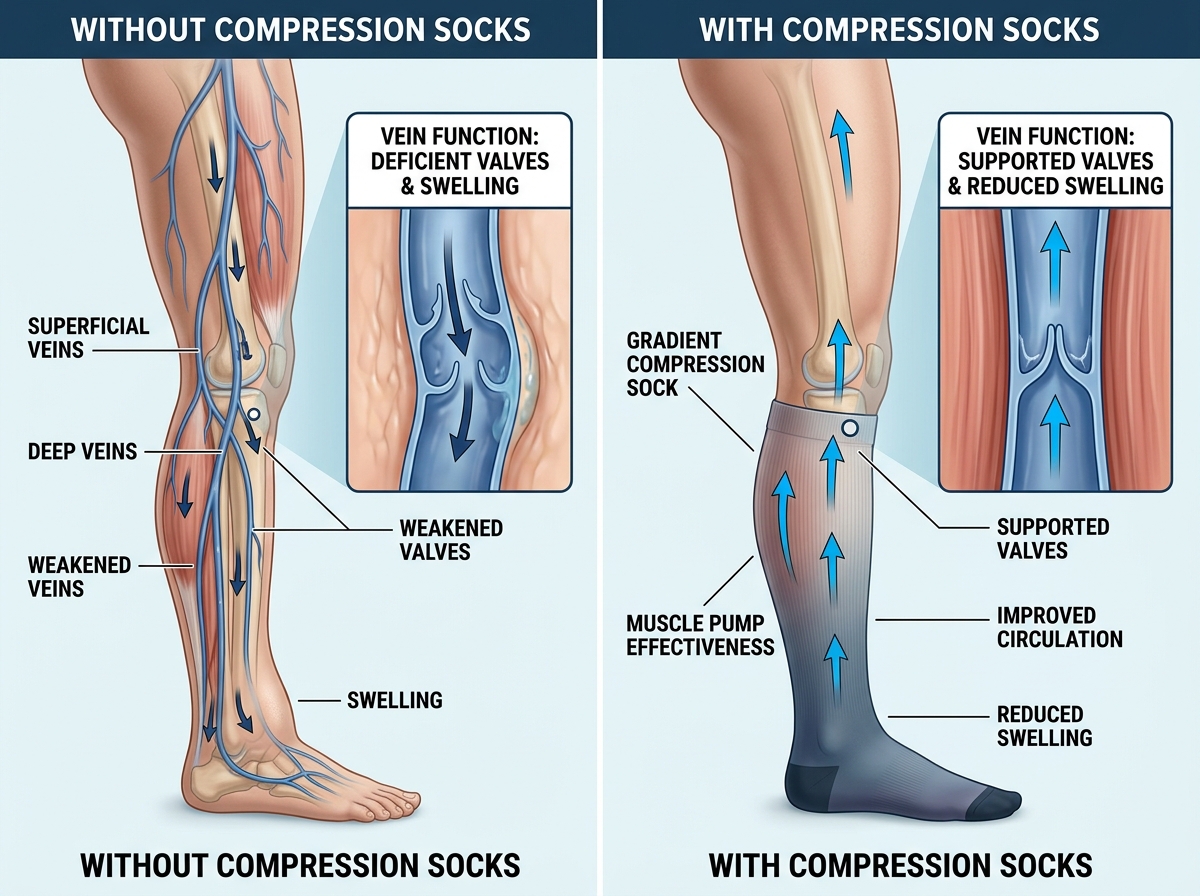 Diagram showing blood flow in legs with and without compression socks - compression socks for flights