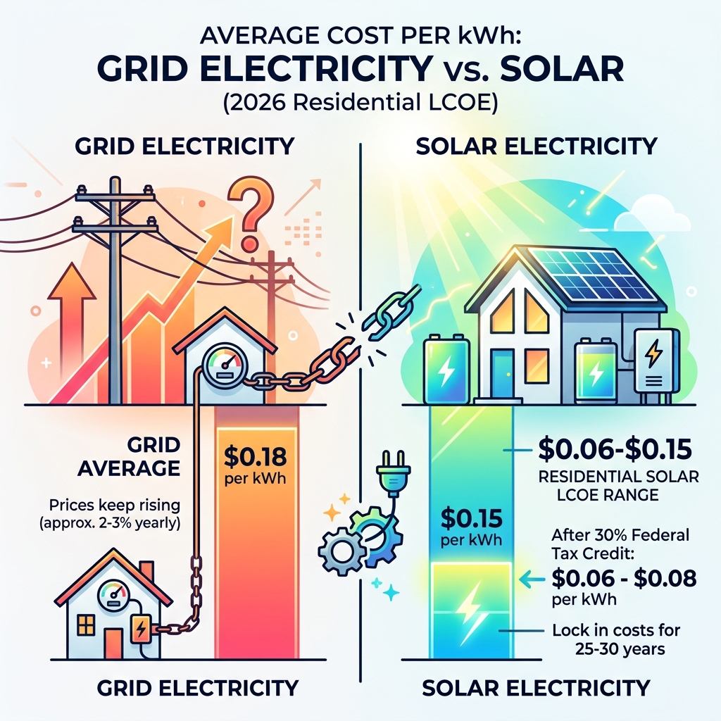Infographic comparing grid electricity vs solar cost per kWh with residential LCOE ranges - average cost of solar per kwh
