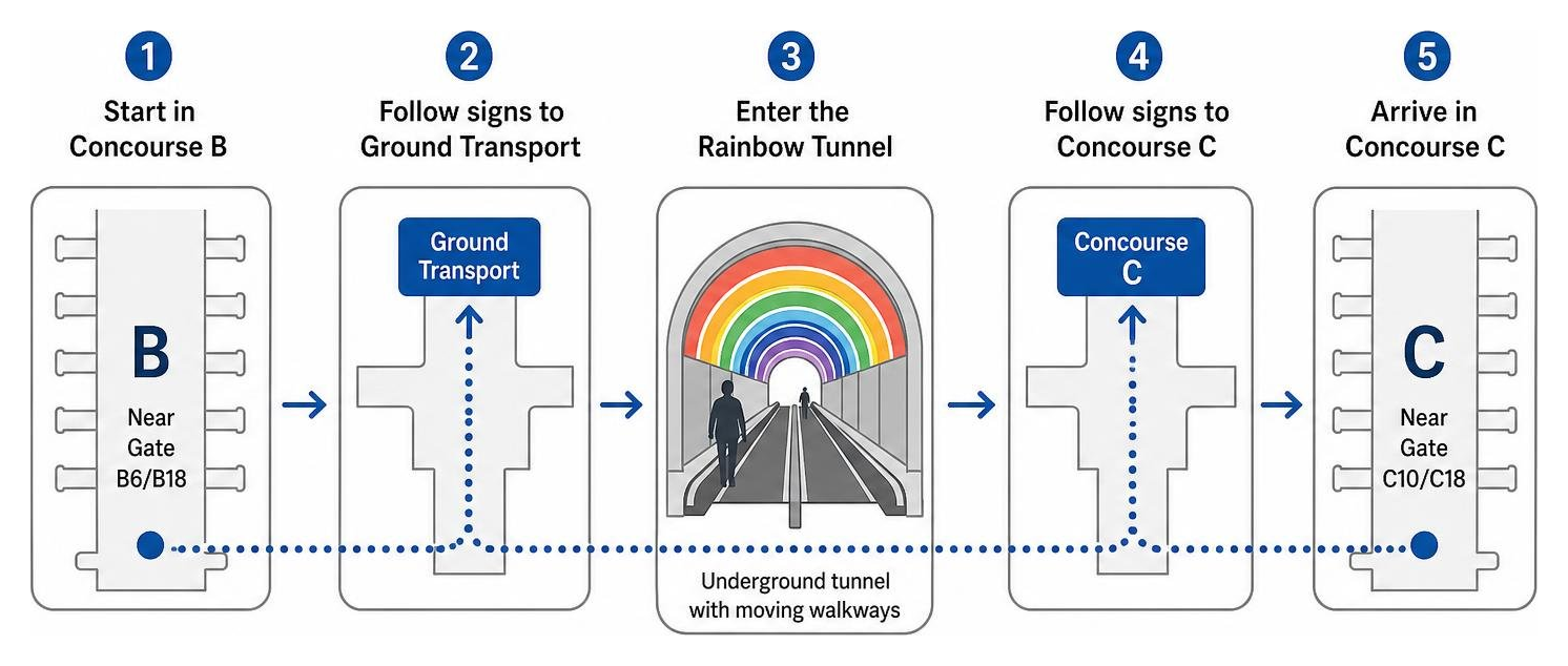 Diagram showing how to walk from Concourse B through the underground rainbow tunnel to Concourse C