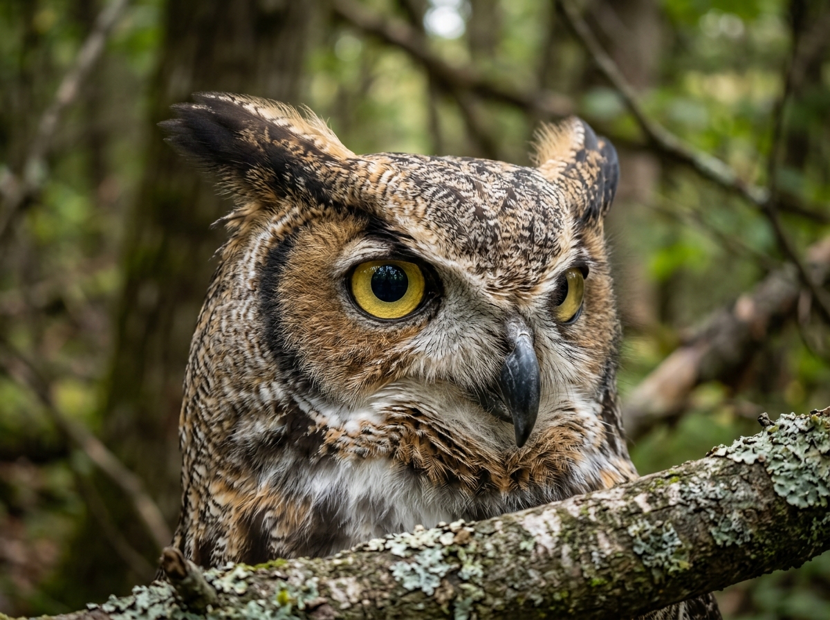 Close-up of a Great Horned Owl with sharp focus and a clear catchlight in the eye - composition tips bird photos