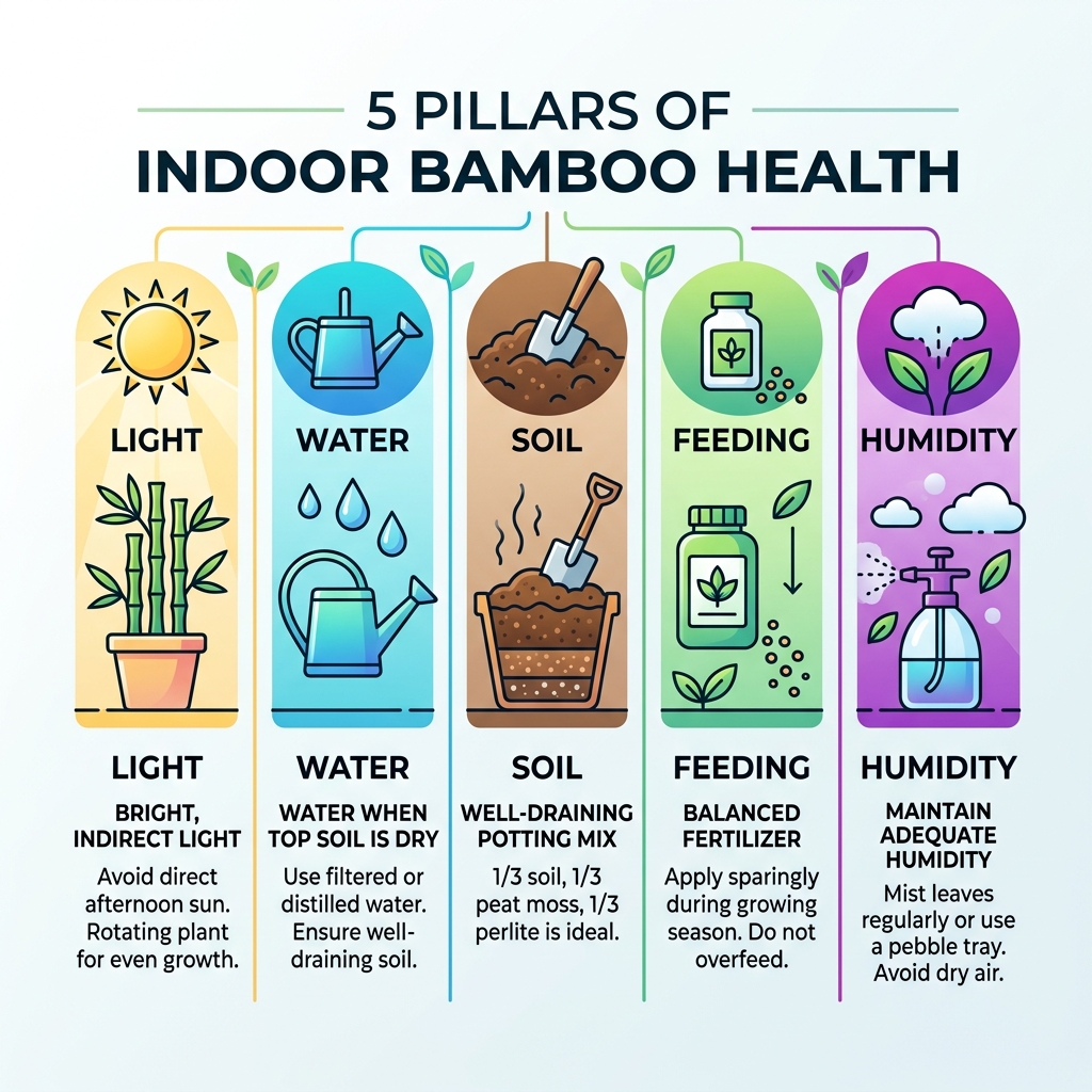 5 pillars of indoor bamboo health: light, water, soil, feeding, and humidity - bamboo care indoor infographic 5 pillars of indoor bamboo health: light, water, soil, feeding, and humidity - bamboo care indoor infographic