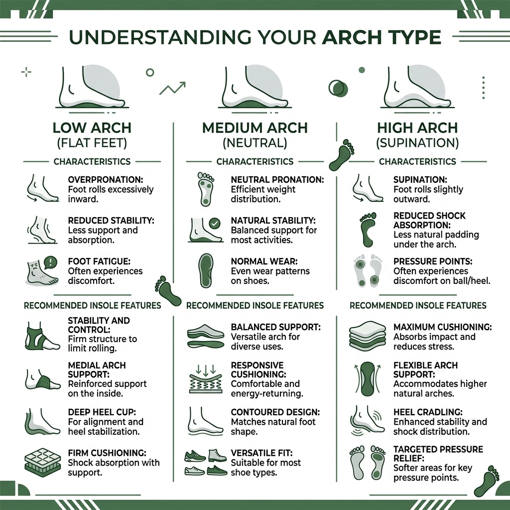 Infographic showing three main arch types: low, medium, and high, with characteristics and recommended insole features Infographic showing three main arch types: low, medium, and high, with characteristics and recommended insole features
