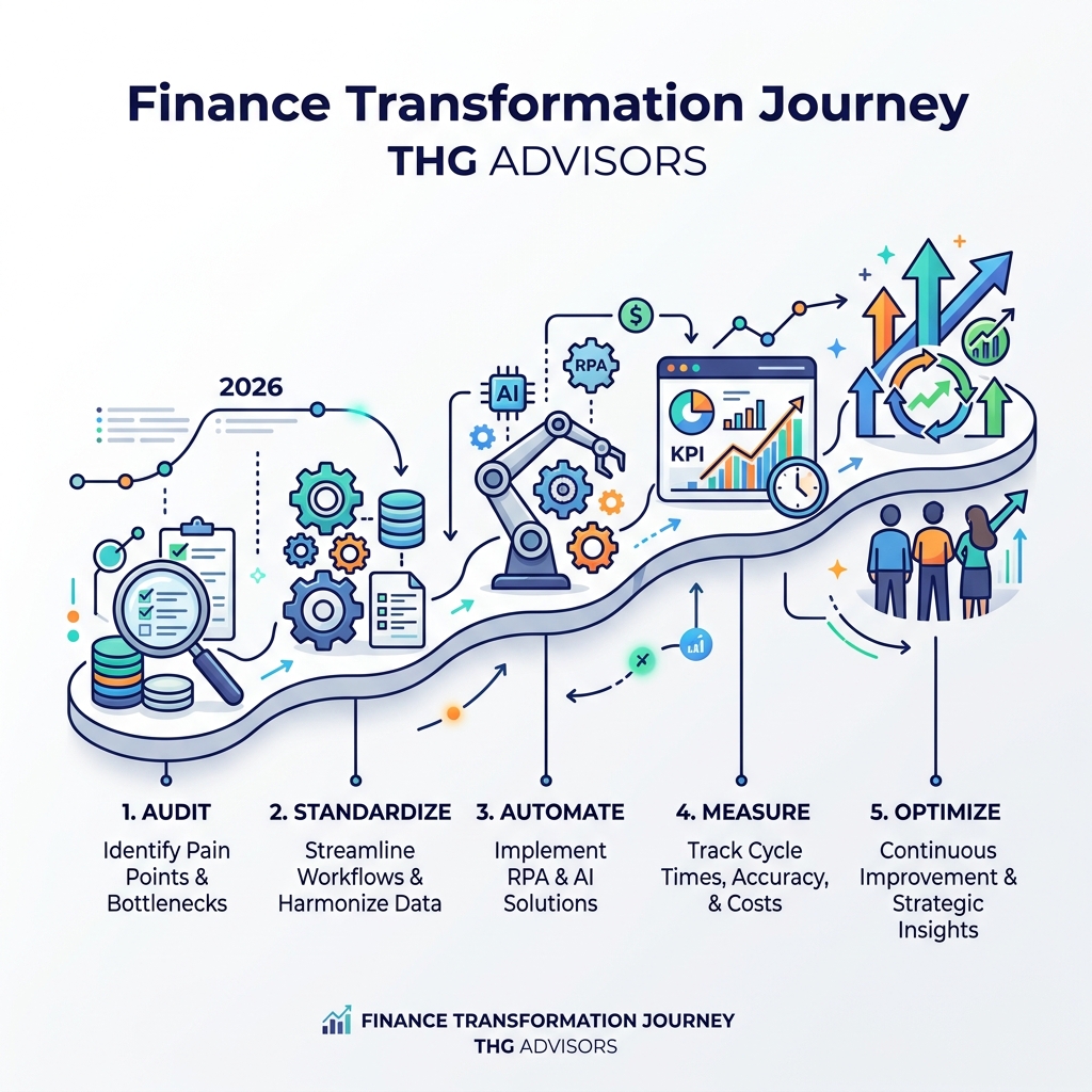 Finance transformation journey: audit, standardize, automate, measure, optimize - finance and accounting process improvement