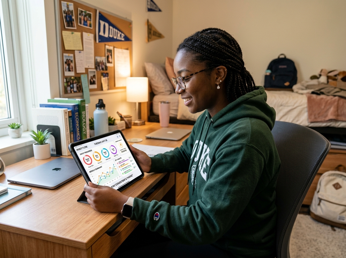 A student using a digital habit tracker on a tablet with AI-generated progress charts - ai personal development