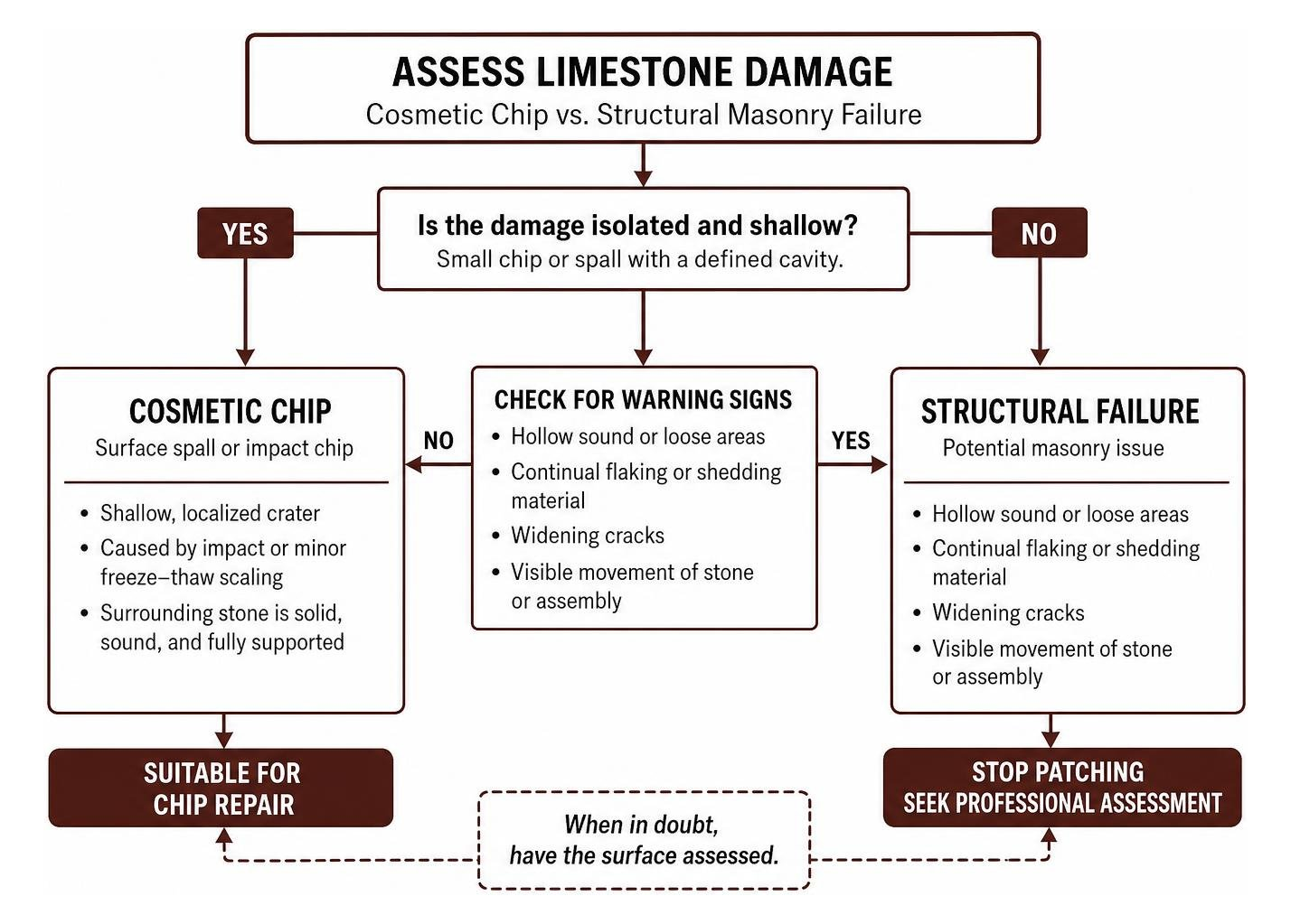 Decision tree for assessing cosmetic stone chip versus structural masonry failure Decision tree for assessing cosmetic stone chip versus structural masonry failure