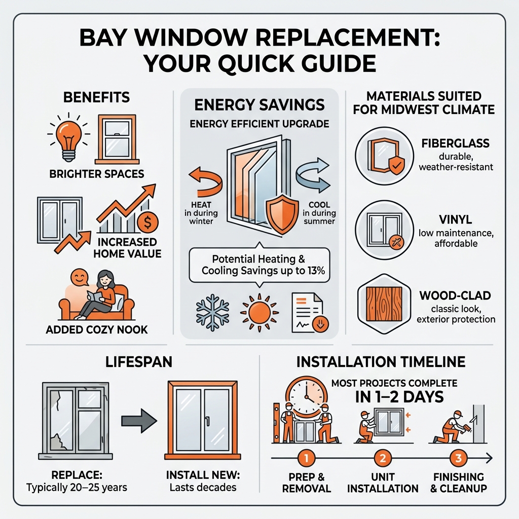 Infographic showing bay window replacement benefits, lifespan, energy savings, materials, and installation timeline - bay