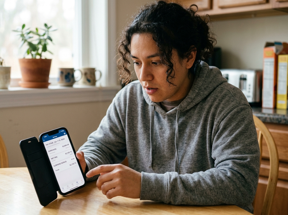 person reviewing a digital pay stub on a smartphone - manage money after college graduation