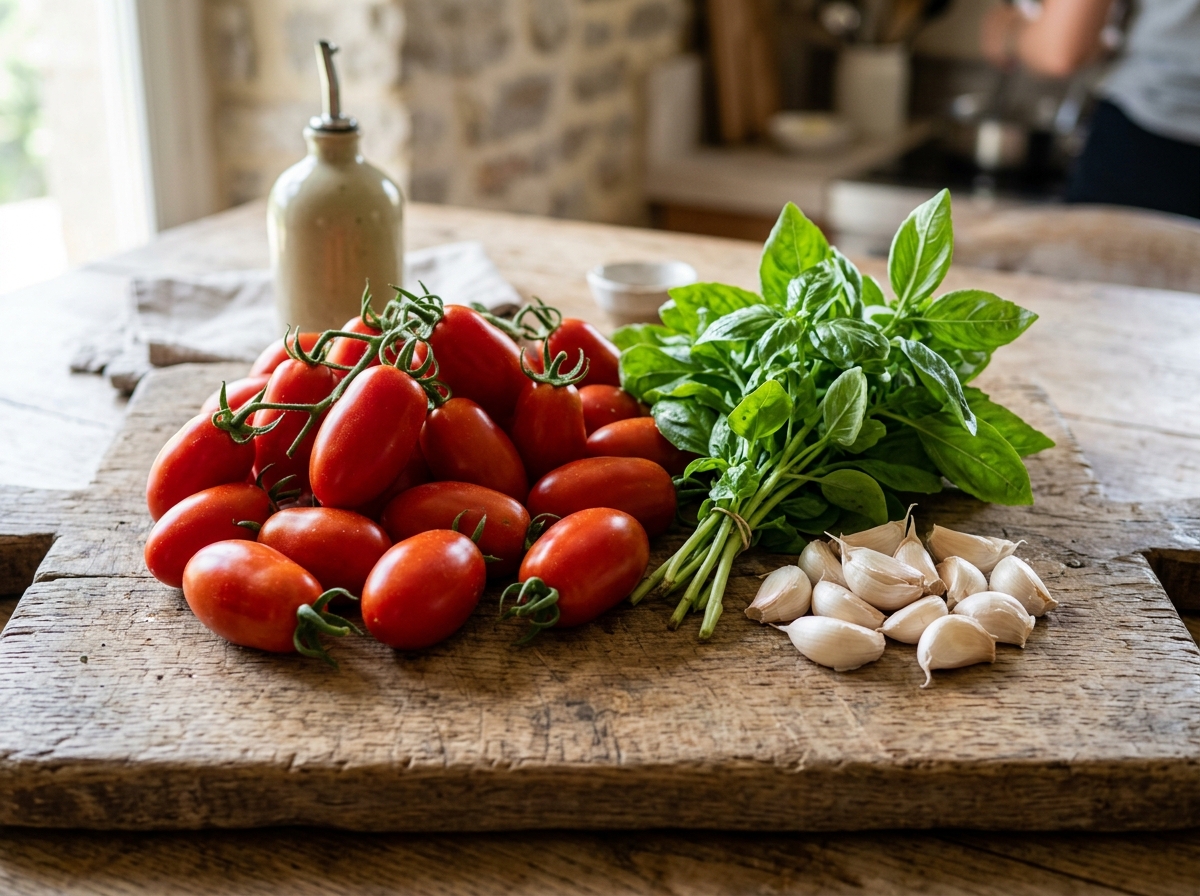San Marzano tomatoes, garlic cloves, and a bunch of fresh basil - basil tomato sauce for pasta
