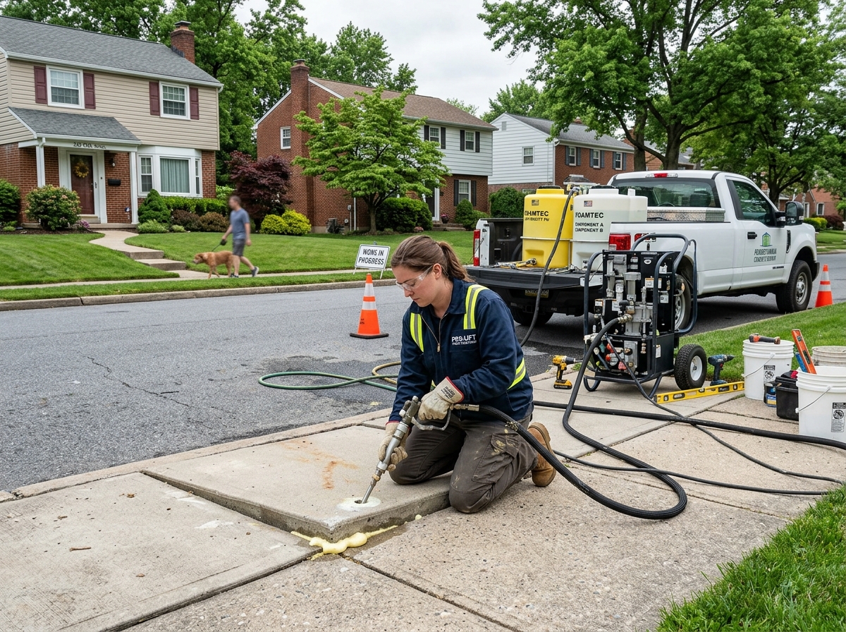 Technician injecting high-density polyurethane foam into a concrete slab to level a Pennsylvania sidewalk - PA concrete