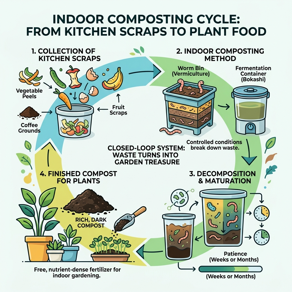 Indoor composting cycle from kitchen scraps to finished compost ready for plants - indoor composting for gardeners Indoor composting cycle from kitchen scraps to finished compost ready for plants - indoor composting for gardeners