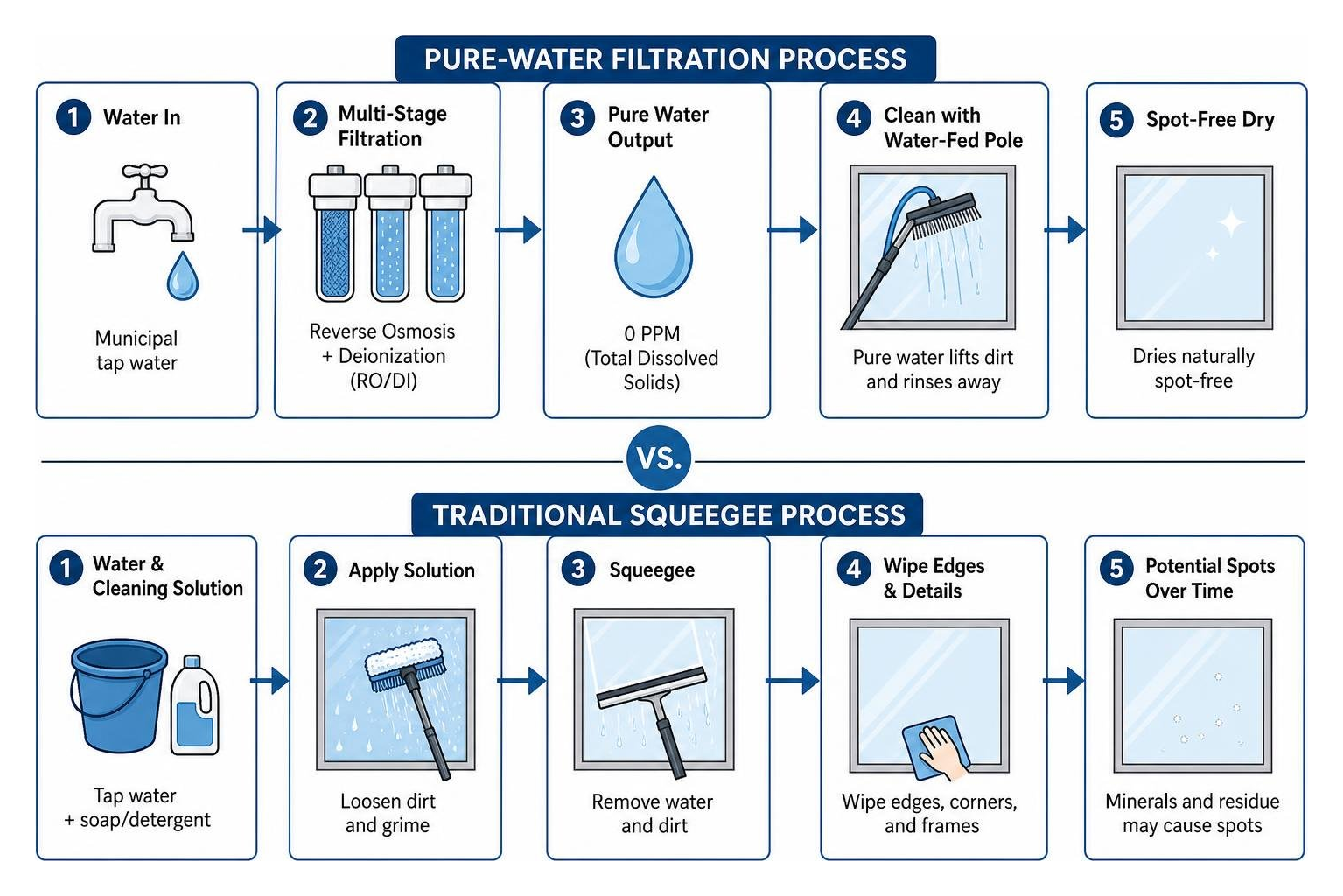 Process diagram comparing pure-water filtration with traditional squeegee cleaning Process diagram comparing pure-water filtration with traditional squeegee cleaning