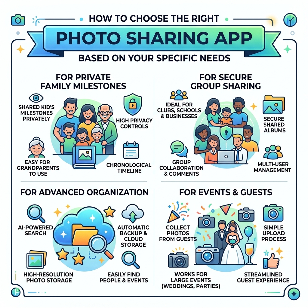 Infographic: How to choose the right photo sharing app based on your specific needs - best apps for shared photos