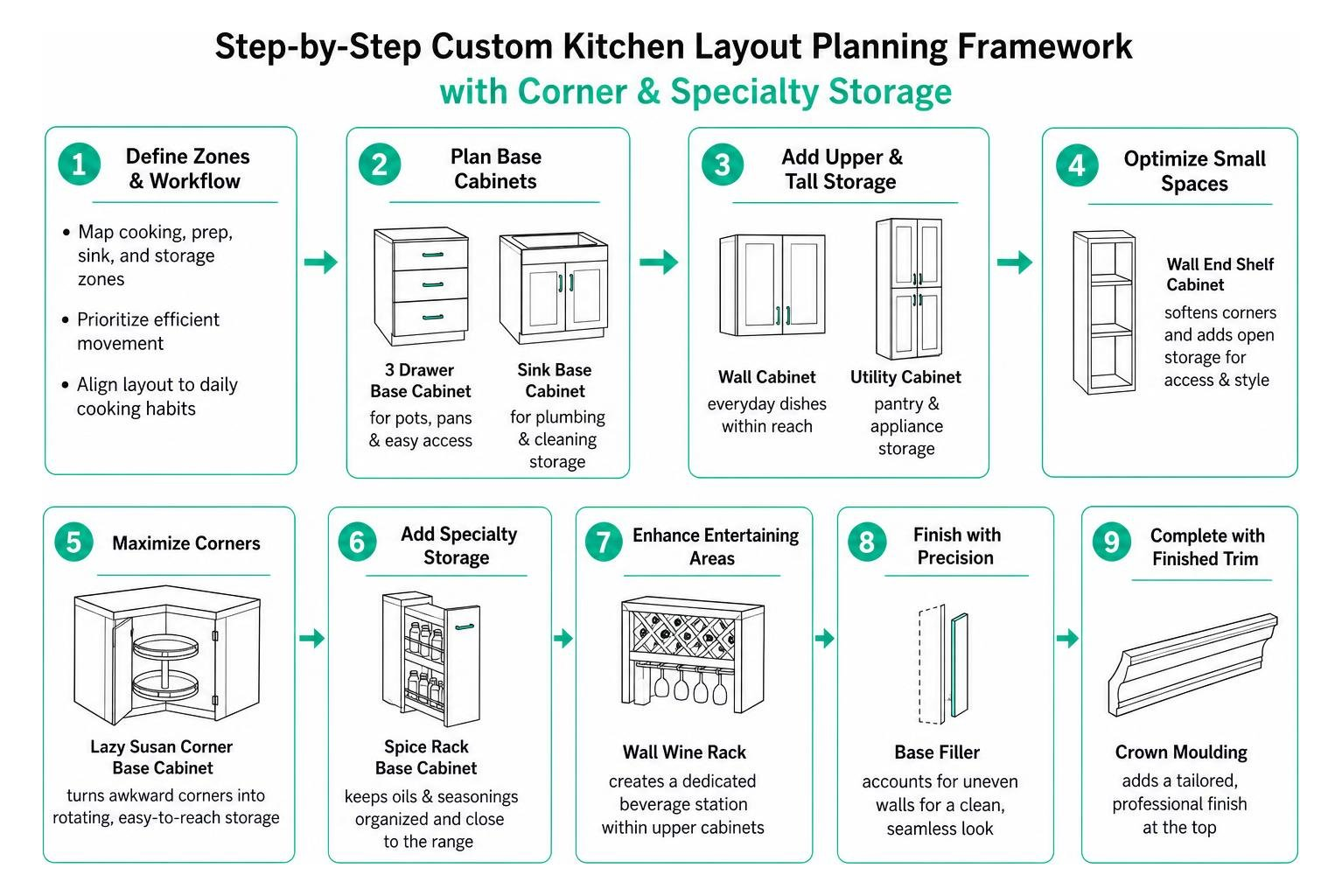 Step-by-step custom kitchen layout planning framework with corner and specialty storage Step-by-step custom kitchen layout planning framework with corner and specialty storage
