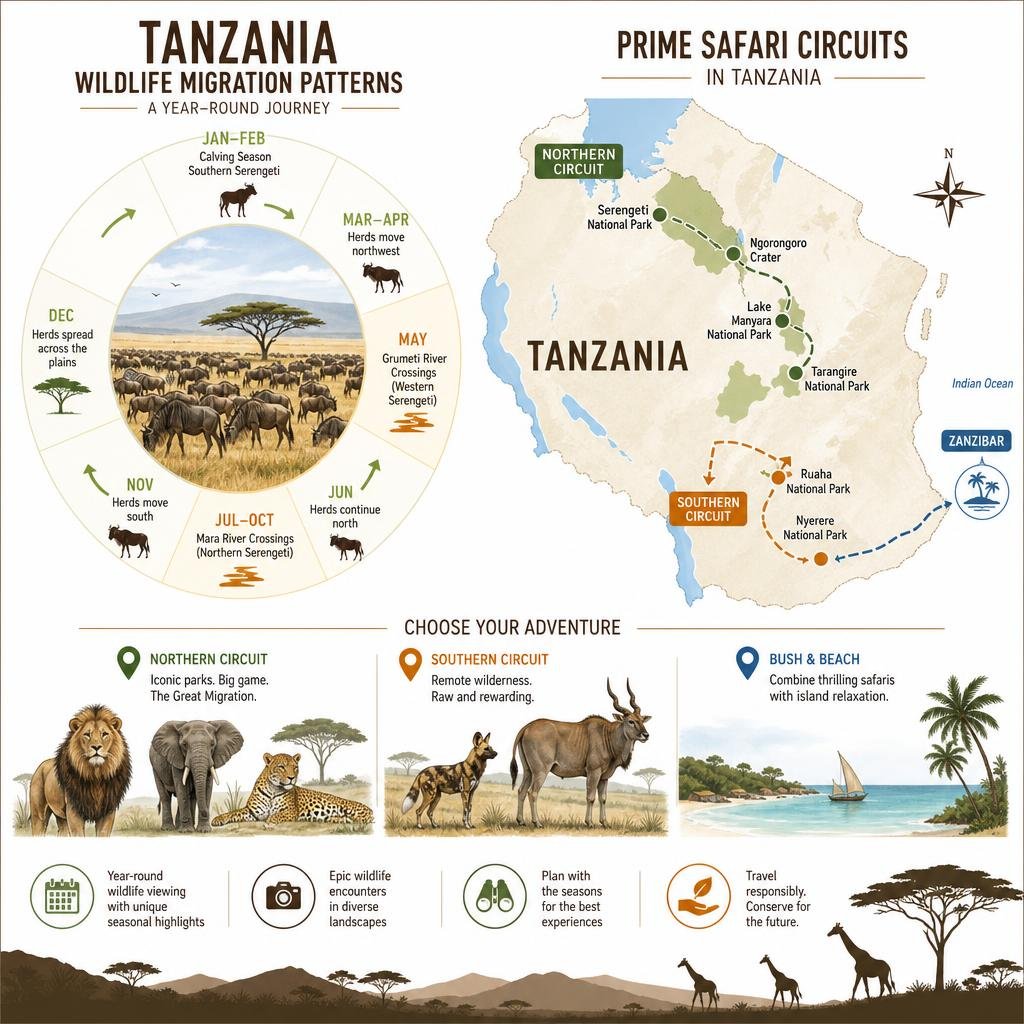 seasonal wildlife migration patterns and prime safari circuits in Tanzania infographic