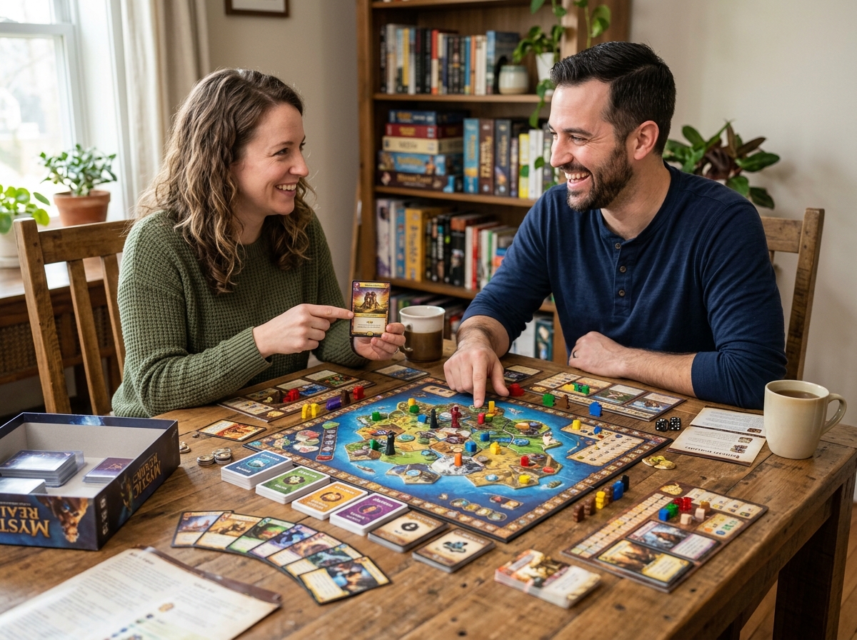 A couple sitting at a wooden table, smiling and strategizing over a spread of board game cards - cooperative board games for A couple sitting at a wooden table, smiling and strategizing over a spread of board game cards - cooperative board games for
