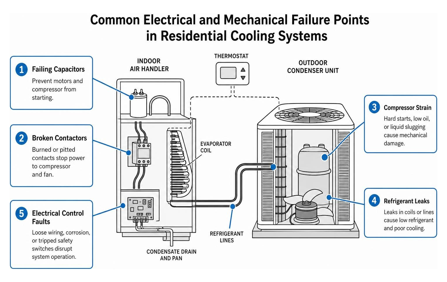 Common electrical and mechanical failure points in residential cooling systems diagram Common electrical and mechanical failure points in residential cooling systems diagram