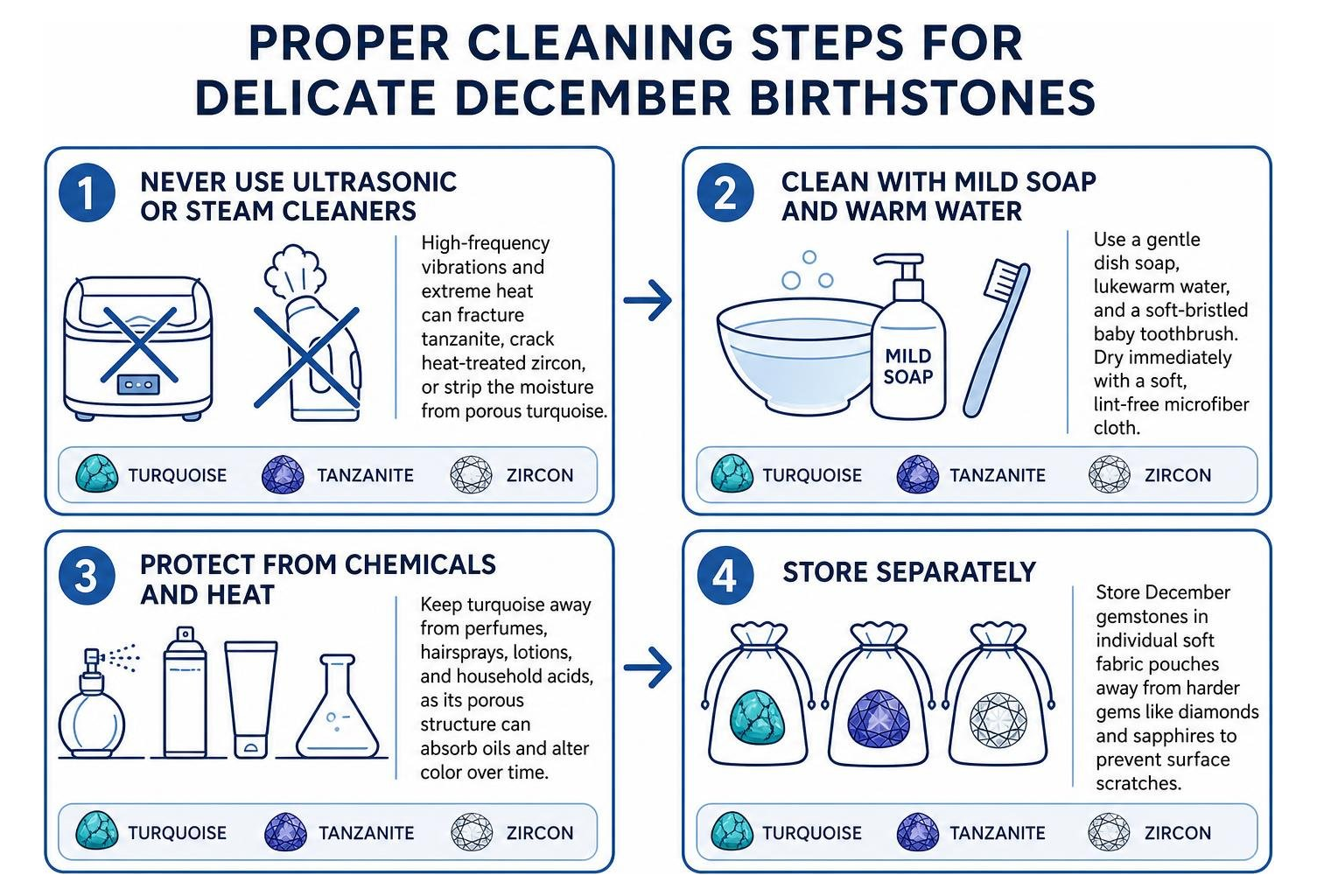 Proper cleaning steps for delicate December birthstones