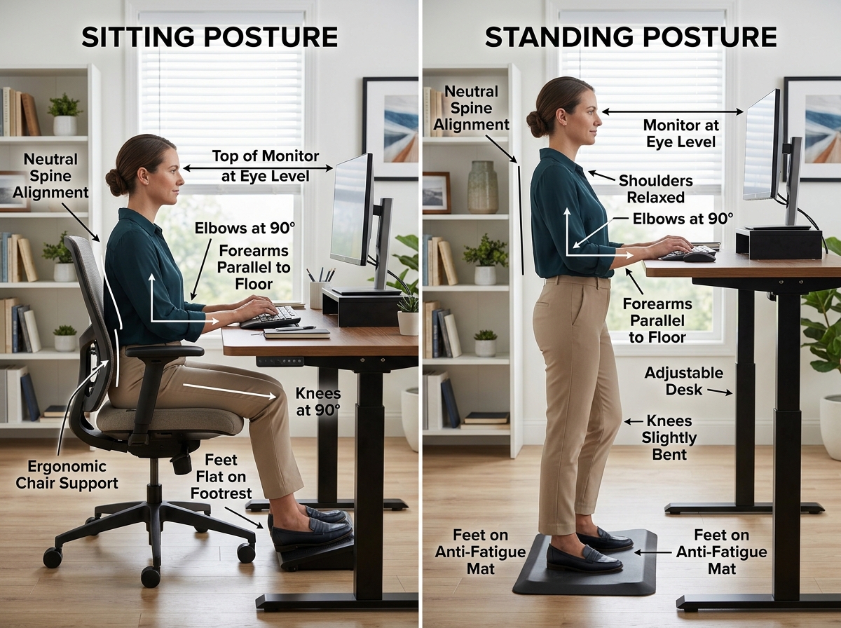 Side-view comparison of sitting vs. standing desk heights showing elbow and knee alignment - adjustable desk posture tips Side-view comparison of sitting vs. standing desk heights showing elbow and knee alignment - adjustable desk posture tips