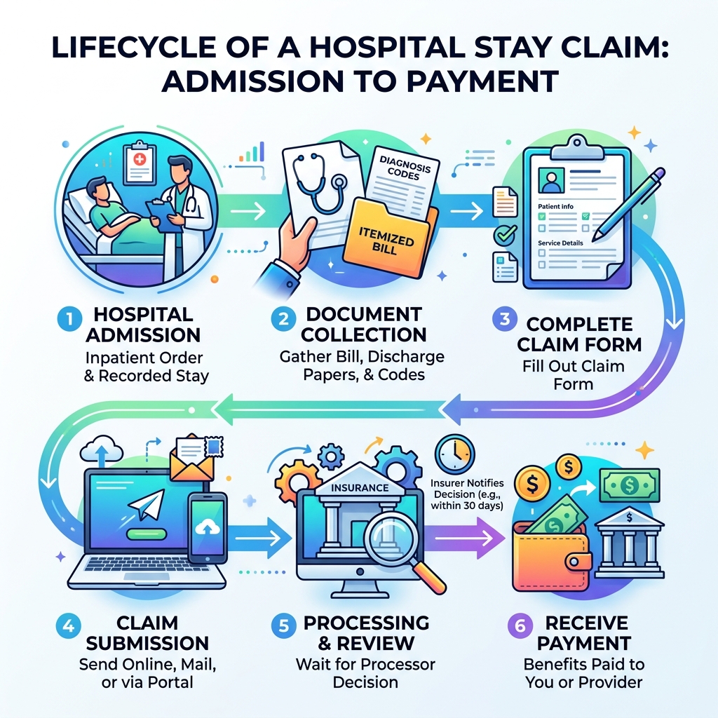 Lifecycle of a hospital stay claim from admission to payment infographic - hospital stay claim process infographic Lifecycle of a hospital stay claim from admission to payment infographic - hospital stay claim process infographic