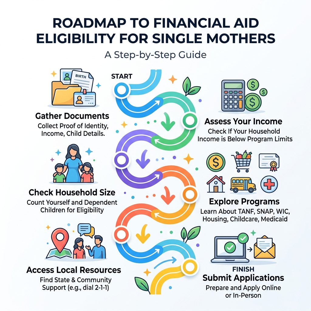 Roadmap infographic showing financial aid eligibility steps for single mothers - financial help single mum infographic 