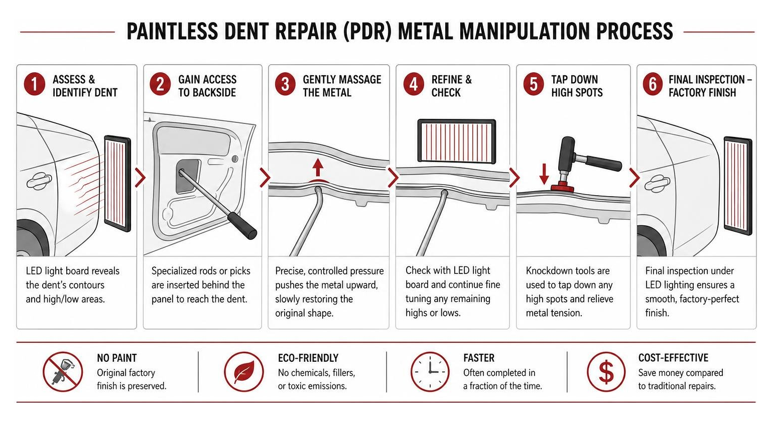Diagram of the paintless dent repair metal manipulation process Diagram Of The Paintless Dent Repair Metal Manipulation Process