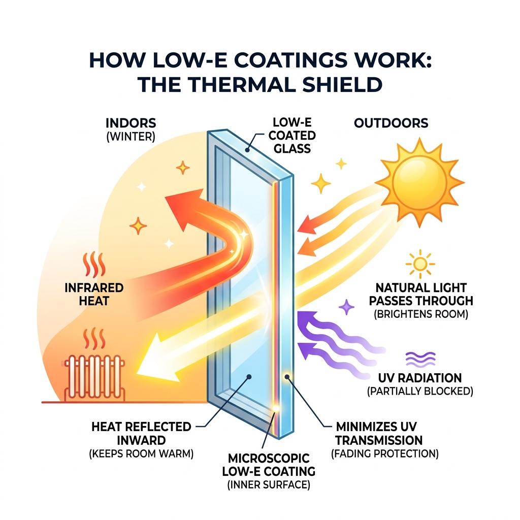 Infographic showing how low-e coatings reflect infrared heat inward while allowing visible light to pass through - energy