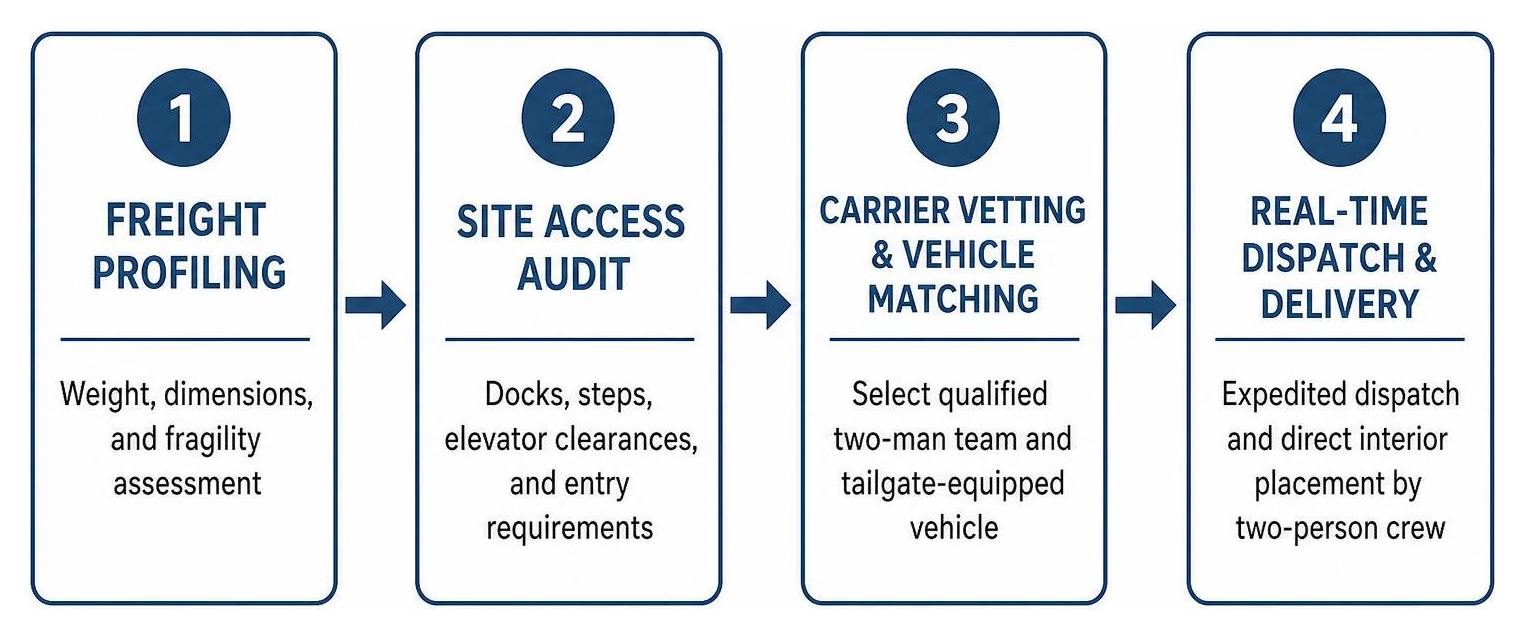 Step-by-step process framework for scheduling and dispatching expedited two-man freight