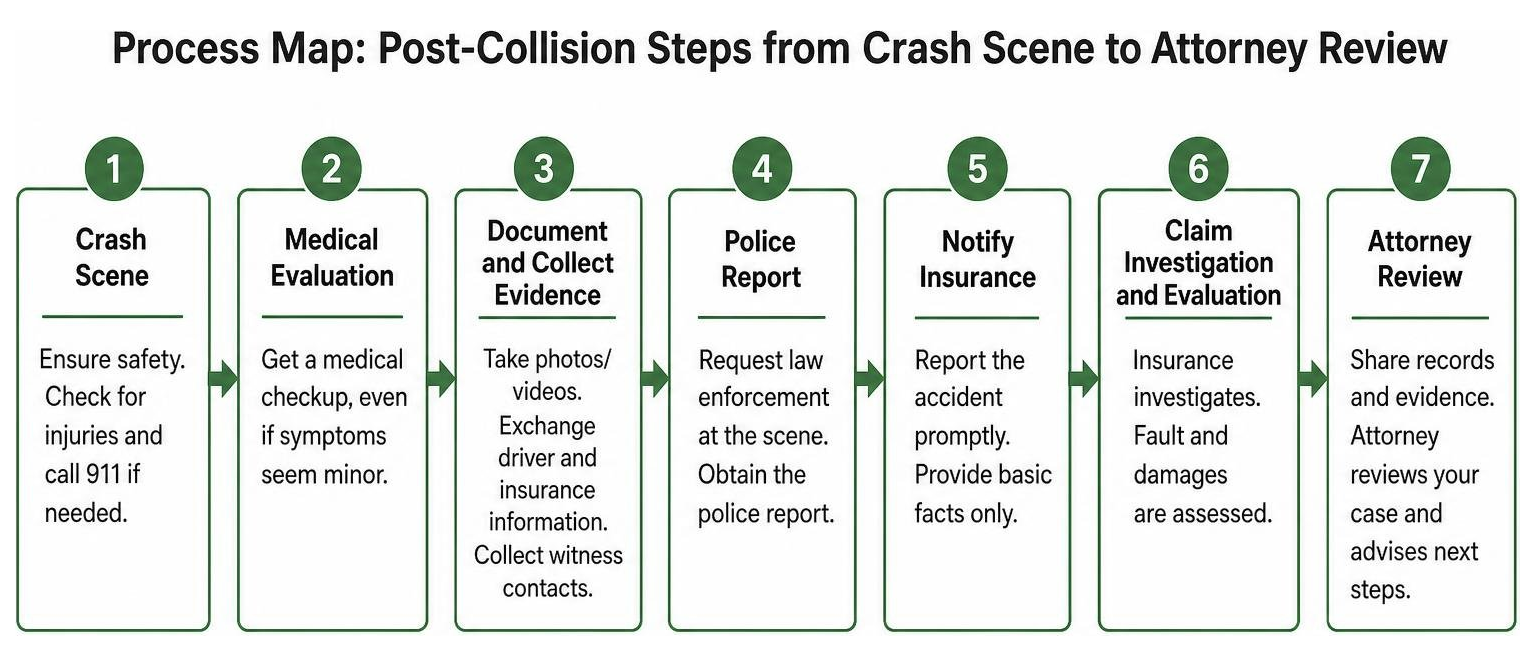 Process map of post-collision steps from crash scene to attorney review