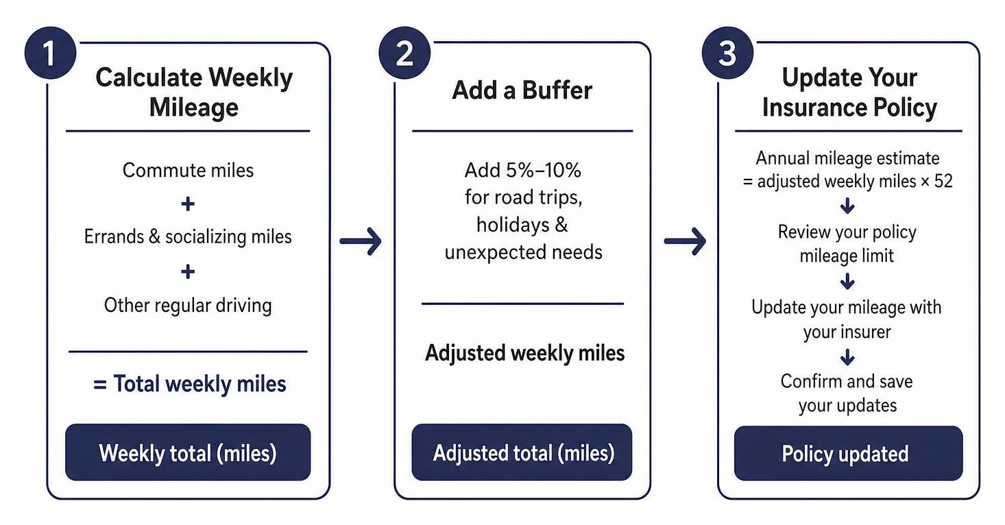 Flowchart showing the steps to calculate weekly mileage, add a buffer, and update your insurance policy