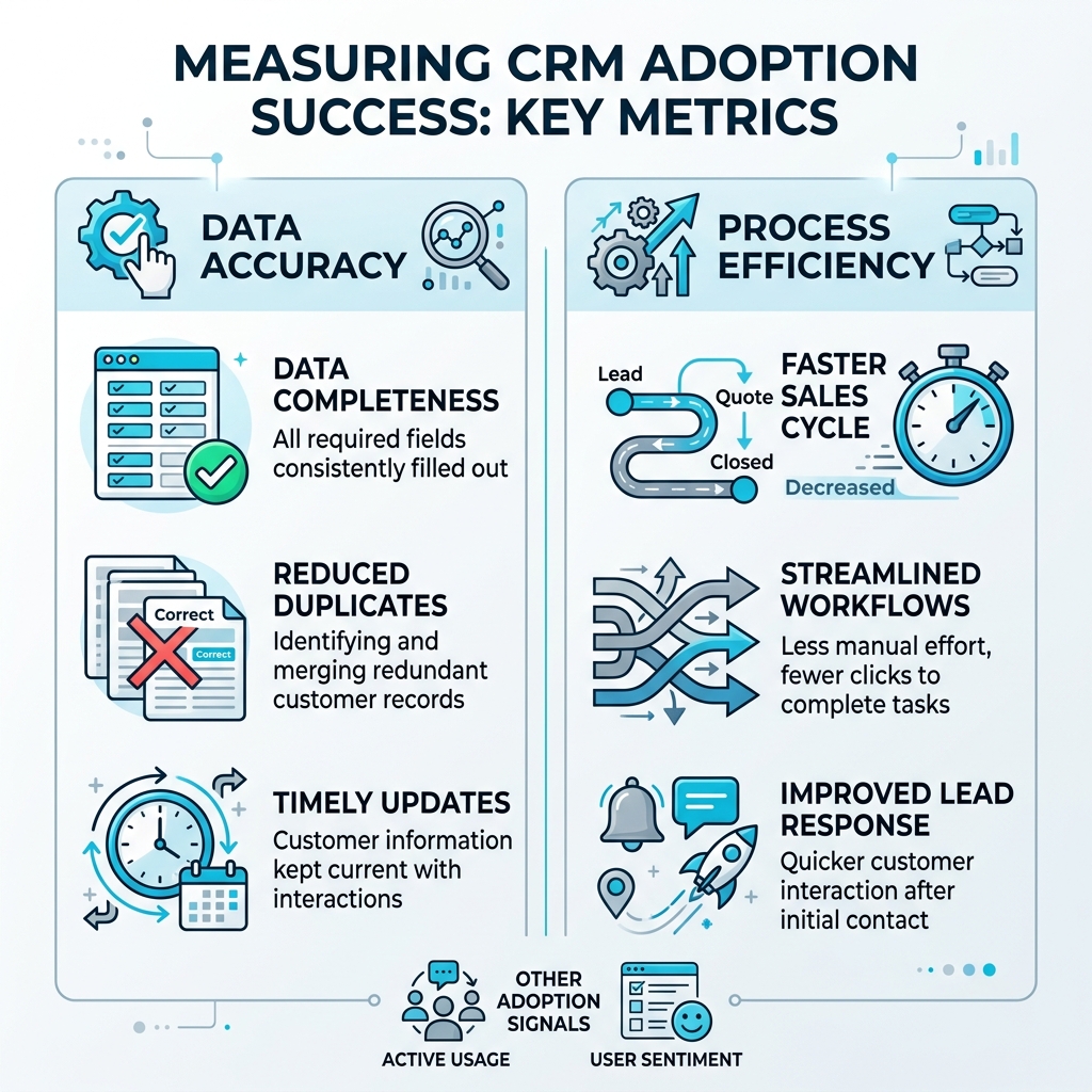 Infographic showing CRM adoption metrics like data accuracy and process efficiency - CRM change management infographic Infographic showing CRM adoption metrics like data accuracy and process efficiency - CRM change management infographic