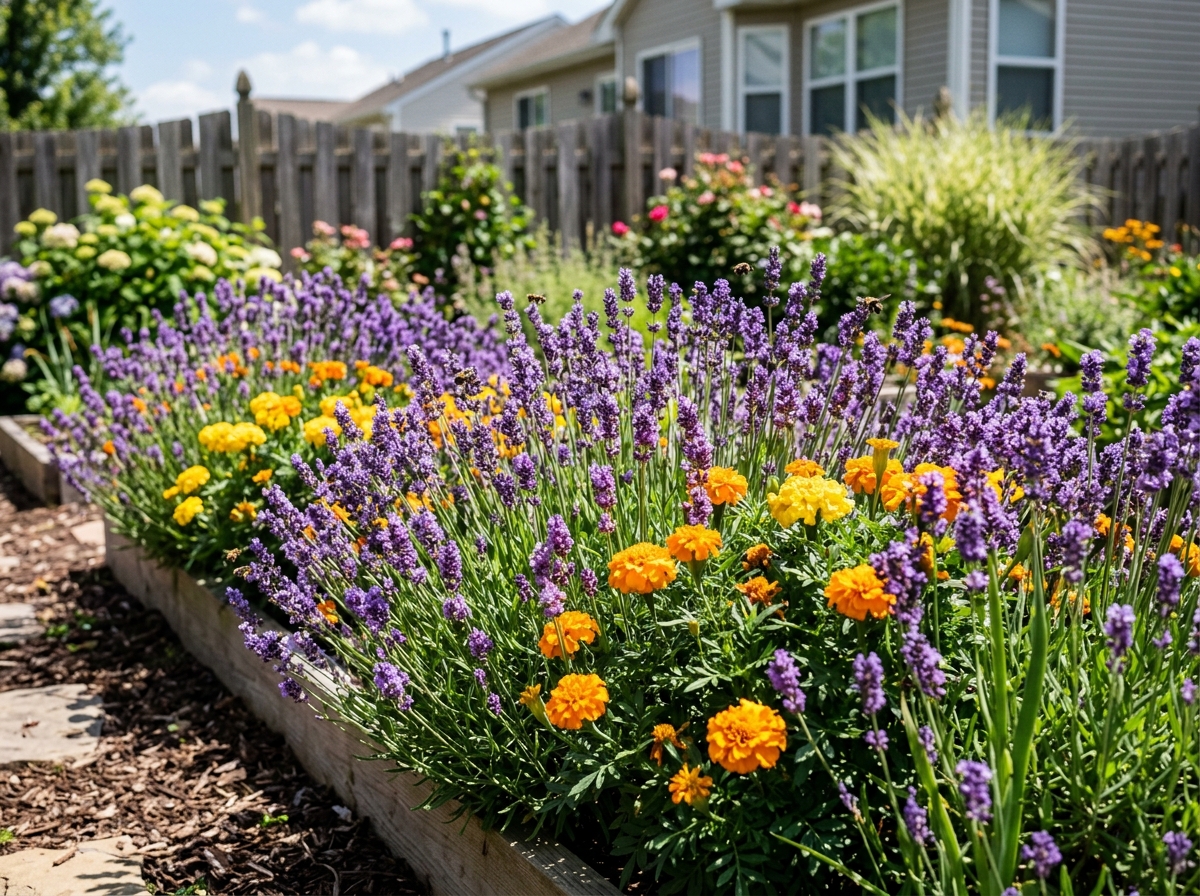 blooming lavender and marigolds in a sunny garden bed - full sun plants that repel mosquitoes