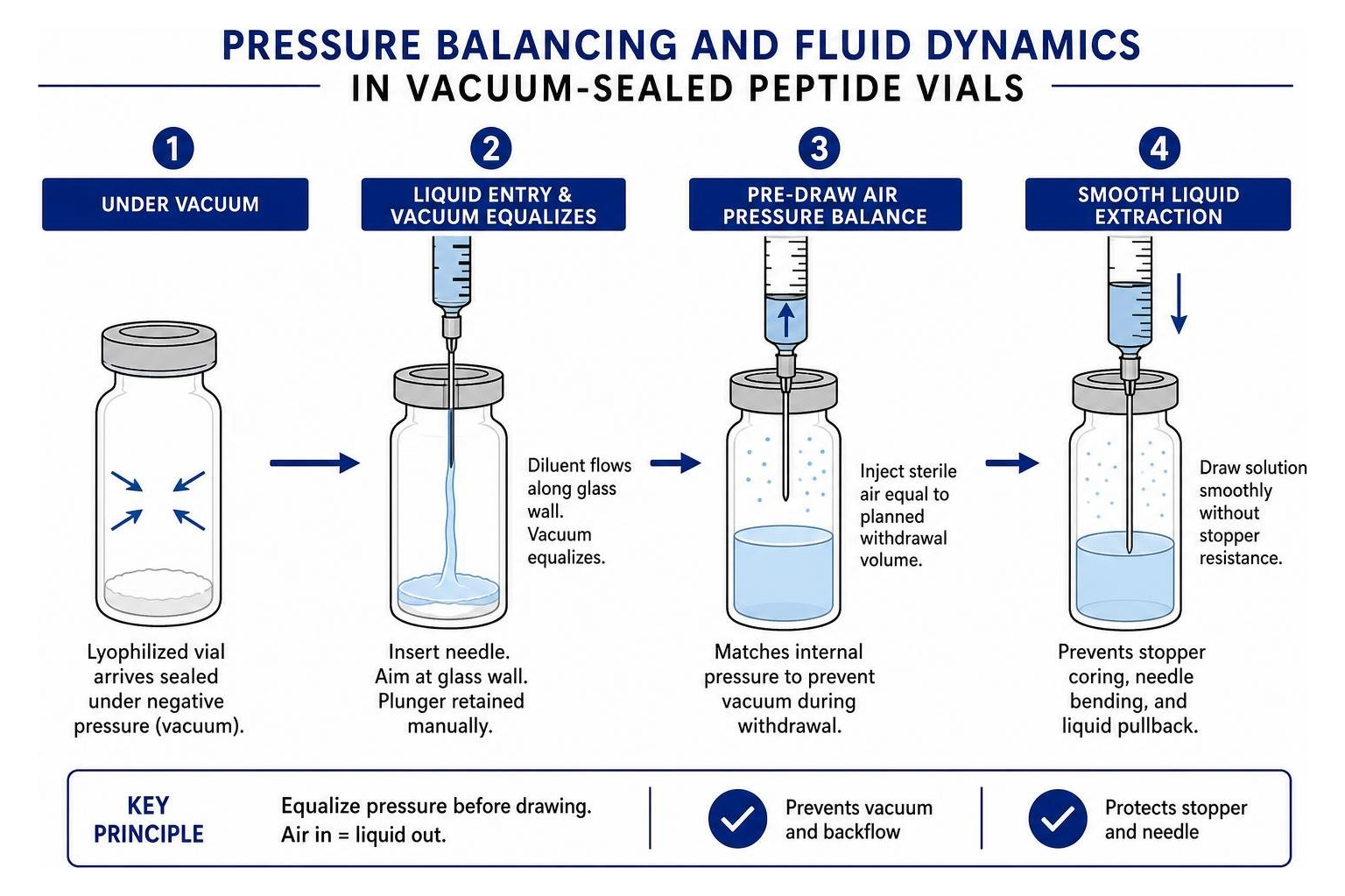 Pressure balancing and fluid dynamics in vacuum-sealed peptide vials