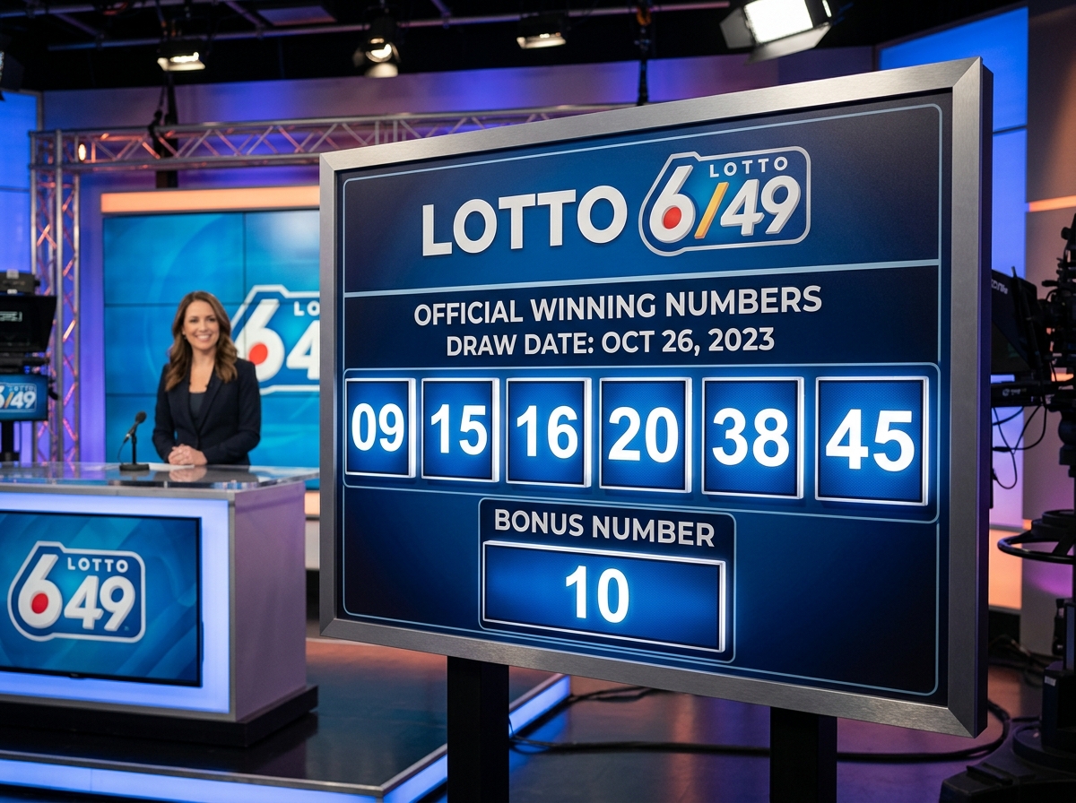 official lottery results board showing main numbers and bonus ball - 649 result today