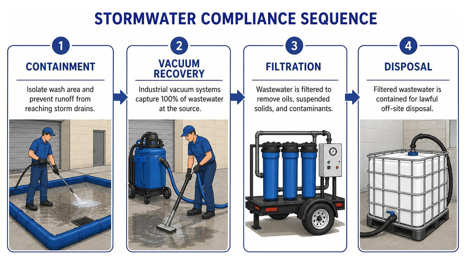 Stormwater compliance sequence showing containment, vacuum recovery, filtration, and disposal Stormwater compliance sequence showing containment, vacuum recovery, filtration, and disposal