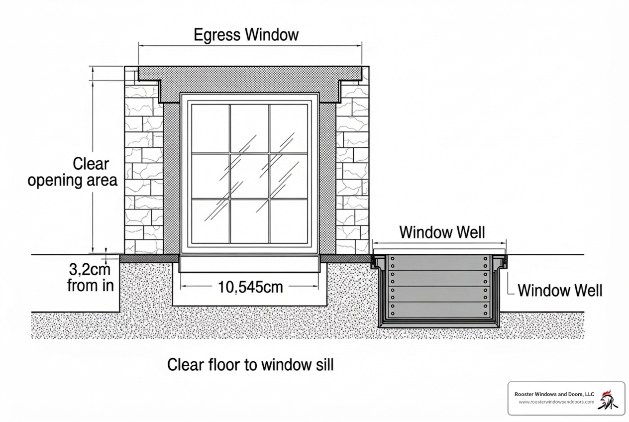 Illustration of IRC dimension requirements for an egress window, showing clear opening width, height, sill height from floor, and minimum window well dimensions - basement egress contractors near me