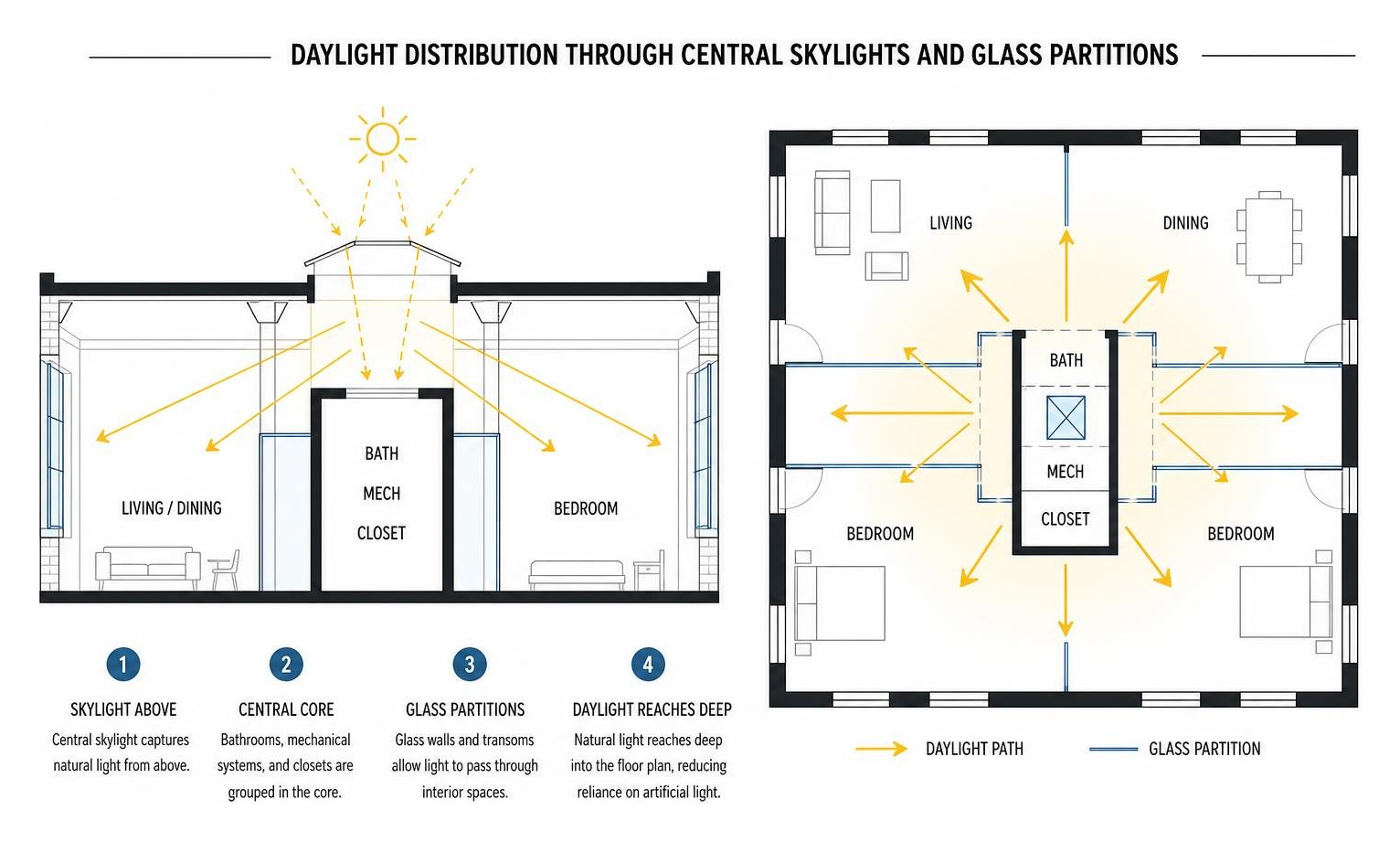 Daylight distribution through central skylights and glass partitions